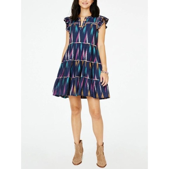Roller Rabbit Dresses & Skirts - Roller Rabbit Navy Ikat Michi Tiered Mini Dress with Flutter Sleeves